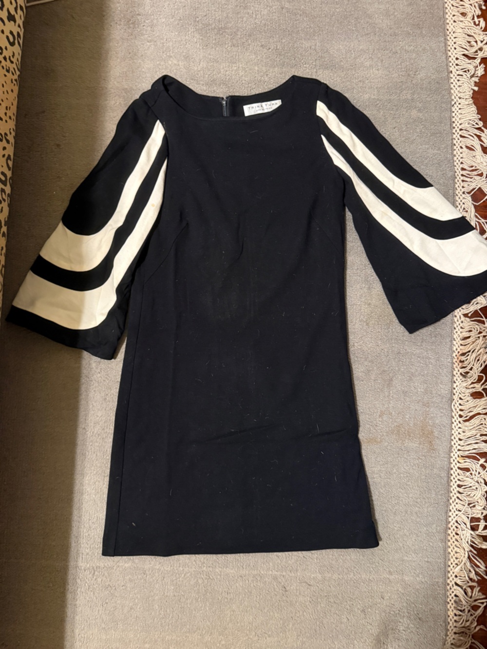 Trina Turk Black Shift Dress White Stripe Sleeve Detail Size Medium Mod 60s